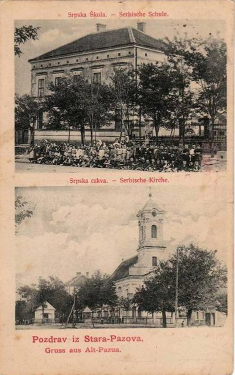 Pozdrav iz  Stare Pazove, Srpska škola i Srpska crkva-1903.godine